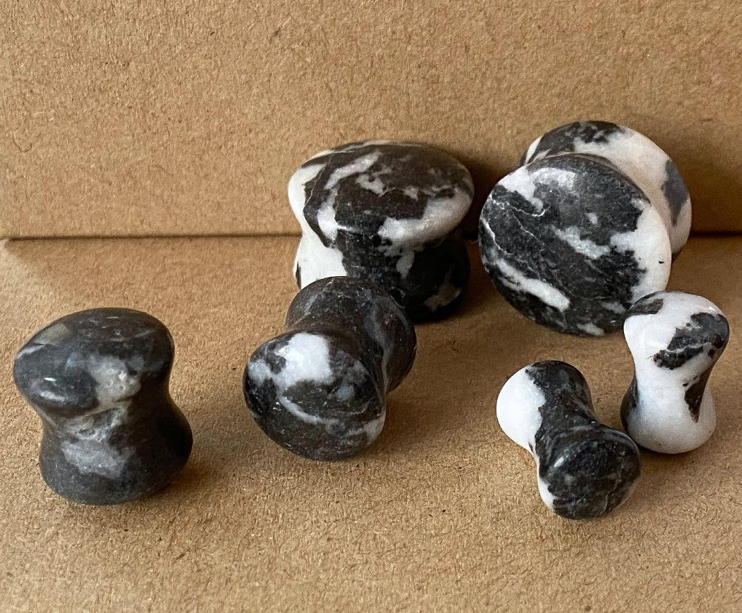 PAIR Natural Zebra Jasper Stone Double Flare Plugs Tunnels Earlet Organic Gauges