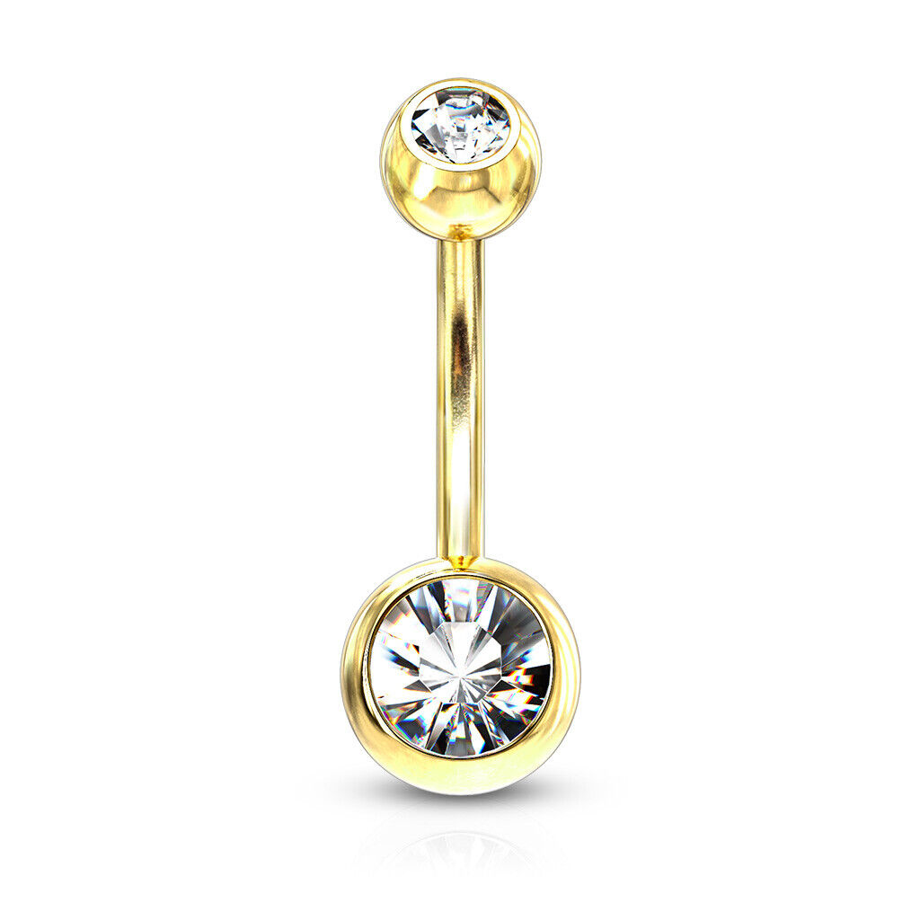 Gold Ion Plated Steel Double CZ Gem Ball Belly Ring Pierced Navel Naval