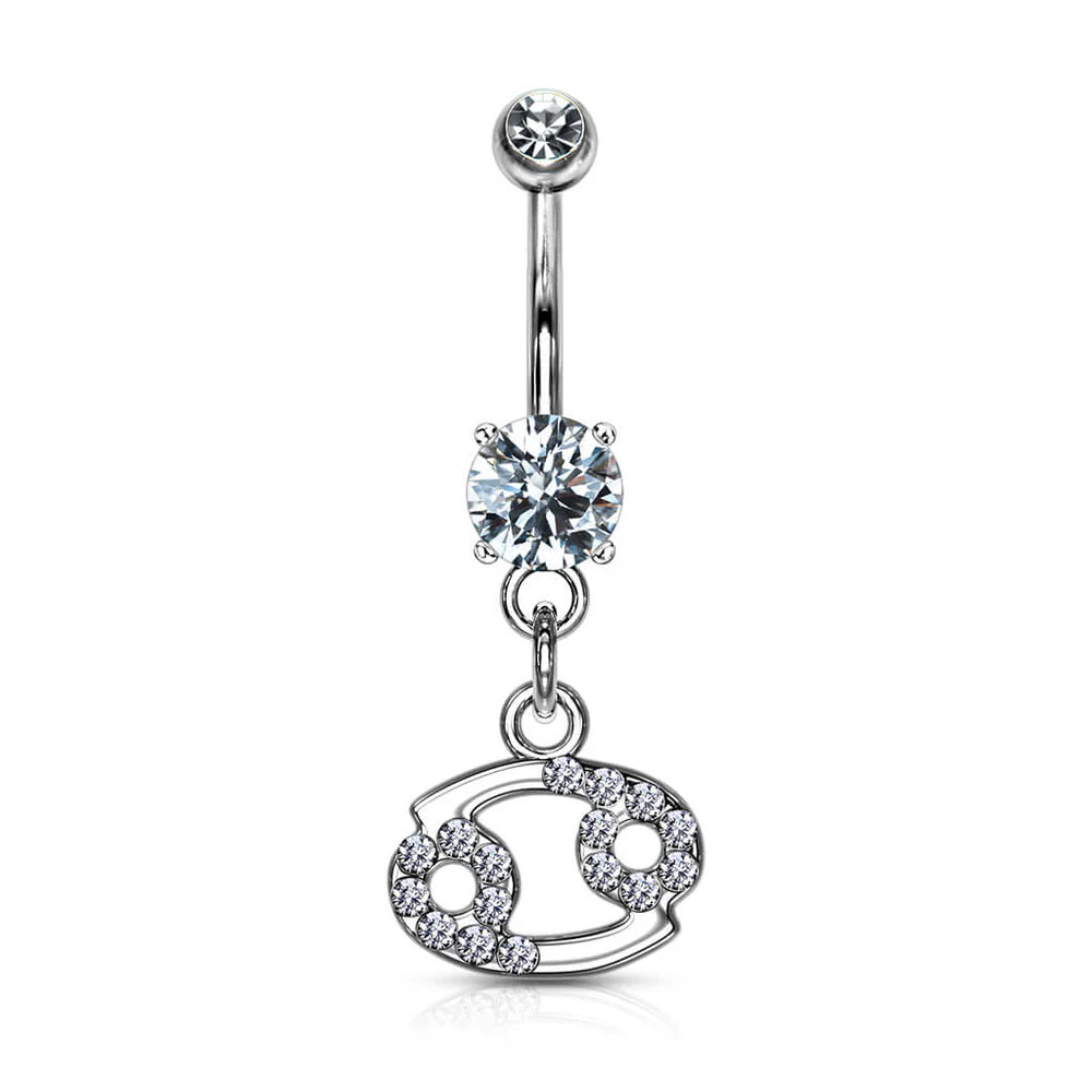 Zodiac Sign Paved CZ Gem Belly Ring Pierced Navel Astrology 14g Surgical Steel