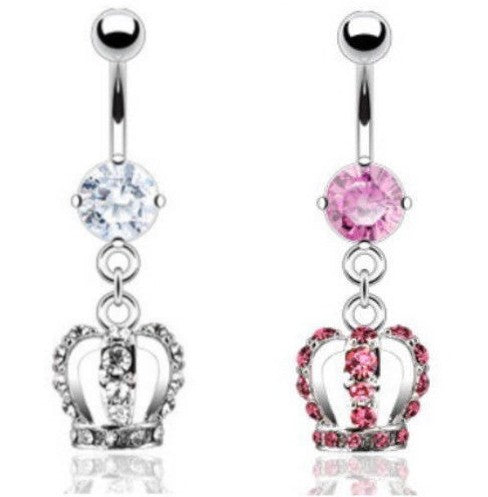 1pc Royal Crown Paved CZ Gem Dangle Belly Ring Navel Piercing Naval Body Jewelry