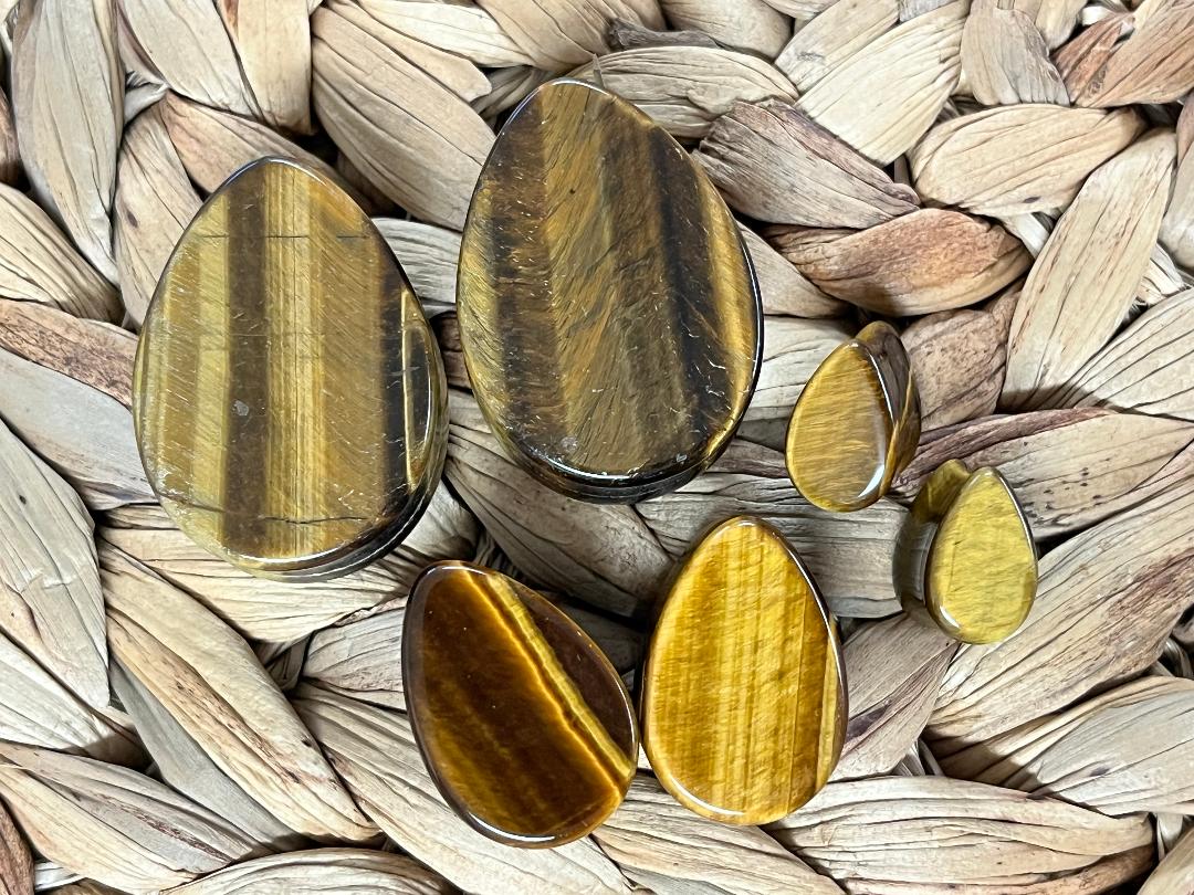 PAIR Teardrop Tiger Eye Stone Plugs Tear Drop Ear Piercing Earlets Gauges