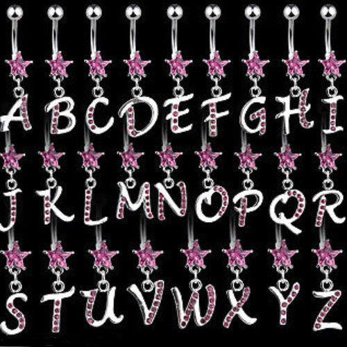 1pc Initial Belly Ring "Metro" Style Pink Gems Navel Naval Letter Body Jewelry