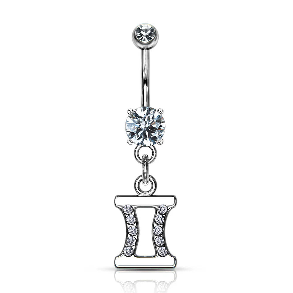 Zodiac Sign Paved CZ Gem Belly Ring Pierced Navel Astrology 14g Surgical Steel