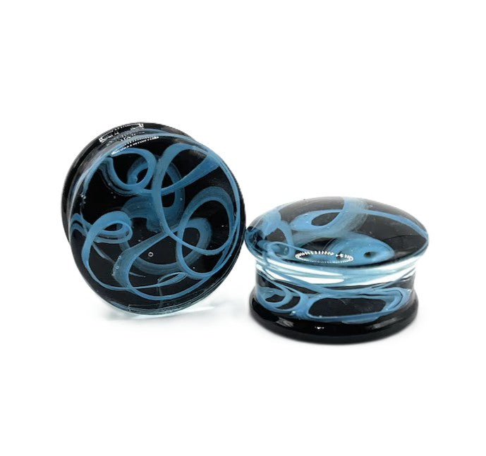 PAIR of Blue Swirling Smoke Style Pyrex Glass Double Flare Plugs Body Jewelry