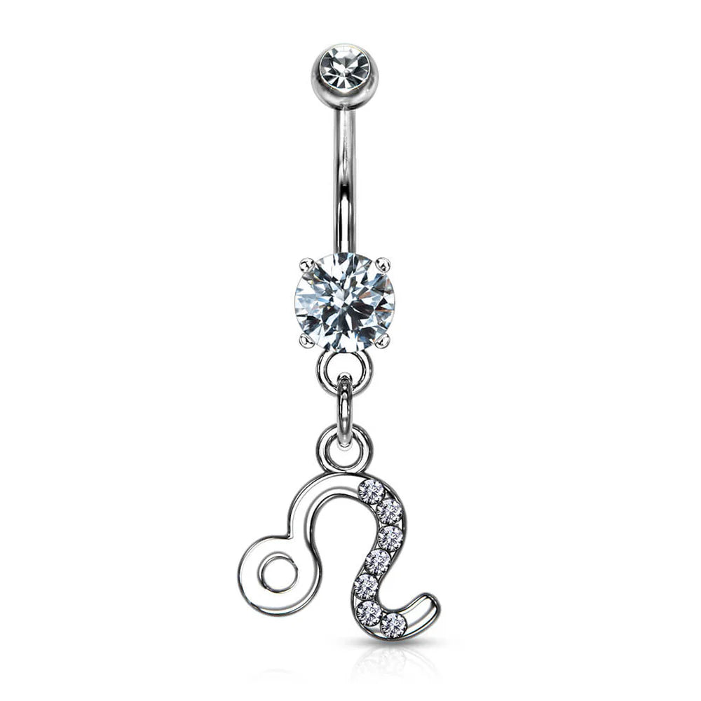Zodiac Sign Paved CZ Gem Belly Ring Pierced Navel Astrology 14g Surgical Steel