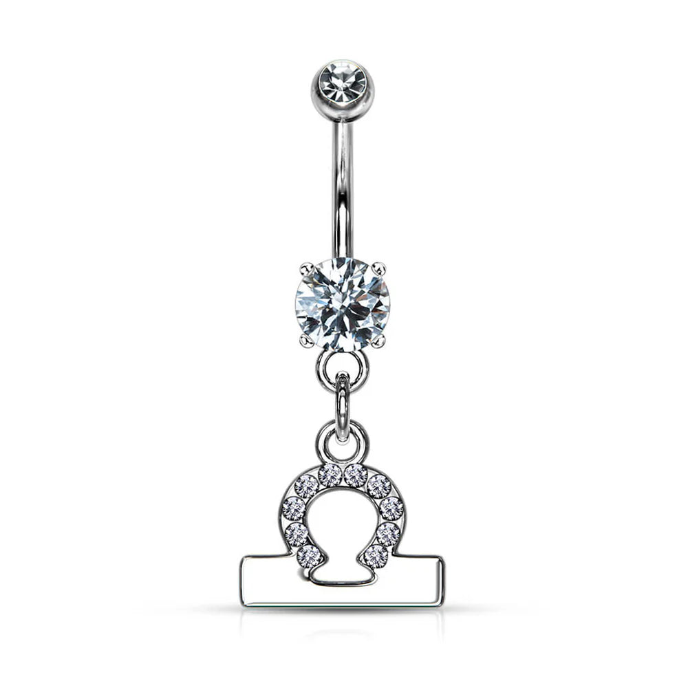 Zodiac Sign Paved CZ Gem Belly Ring Pierced Navel Astrology 14g Surgical Steel