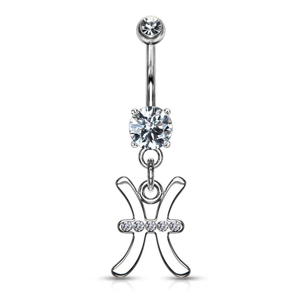 Zodiac Sign Paved CZ Gem Belly Ring Pierced Navel Astrology 14g Surgical Steel