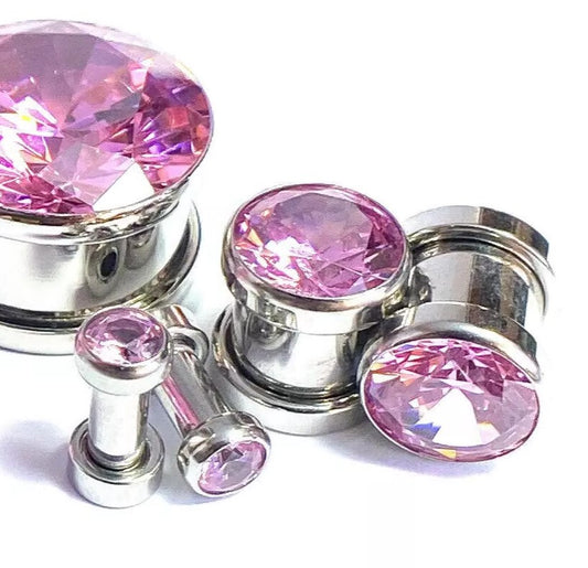 PAIR Large Pink Gem Screw Fit Tunnels Plugs Gauges Steel Piercing Body Jewelry