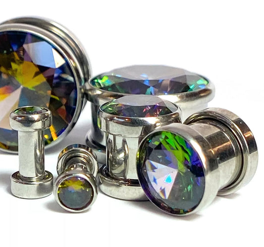 PAIR Large Vitrail Gem Screw Fit Tunnel Plugs Gauges Body Jewelry Piercing