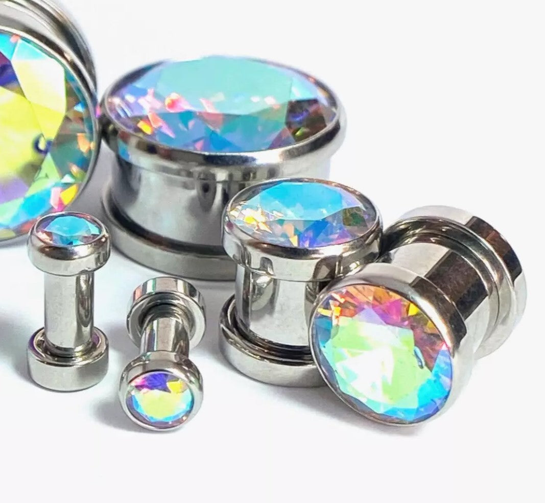 PAIR Large Aurora Borealis Gem Screw Fit Tunnel Plug Gauge Body Jewelry Piercing