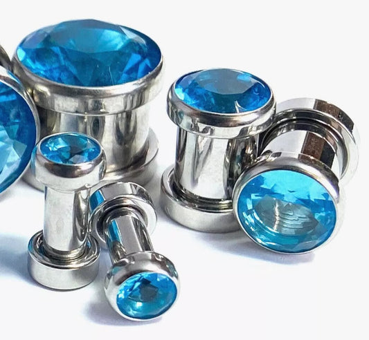 PAIR Large Aqua Blue Gem Screw Fit Tunnel Plug Gauge Body Jewelry Piercing