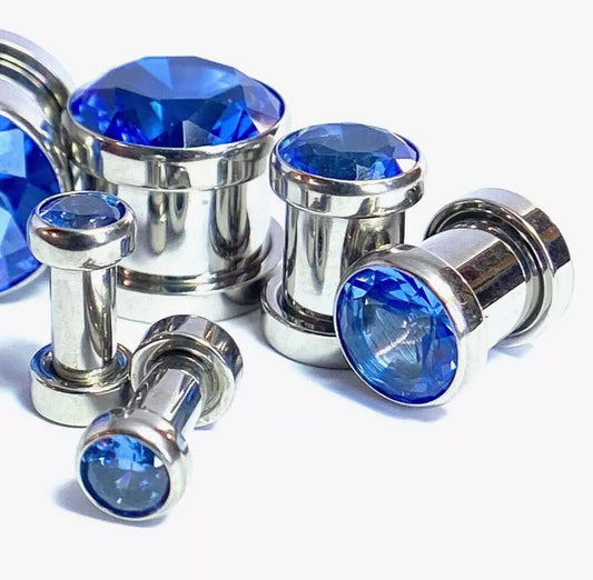 PAIR Large Dark Blue Gem Screw Fit Tunnel Plug Gauge Body Jewelry Piercing