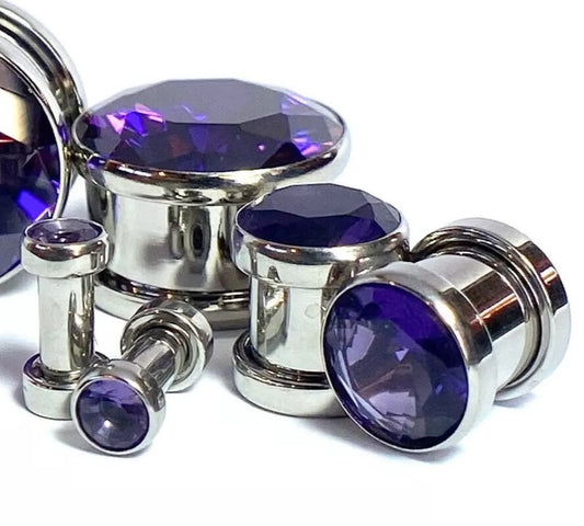 PAIR Large Purple Gem Screw Fit Tunnel Plugs Gauge Pierced Body Jewelry Piercing