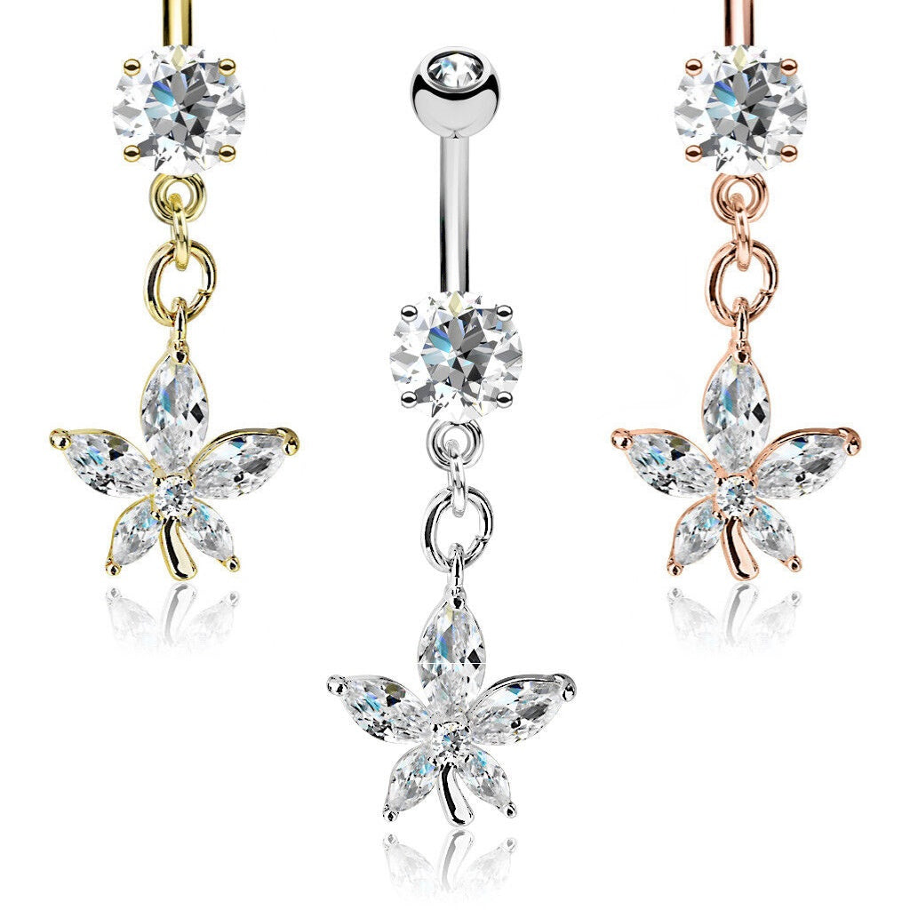 1pc Marquise Cut CZ Gem Flower Dangle Surgical Steel Belly Ring Navel Naval