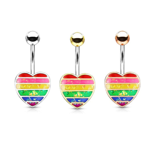 1pc Rainbow Opal Glitter Filled Heart Belly Ring Pierced Navel Naval