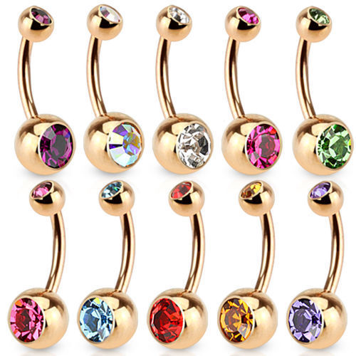Rose Gold Plated Steel Double CZ Gem Ball Belly Ring Pierced Navel Naval