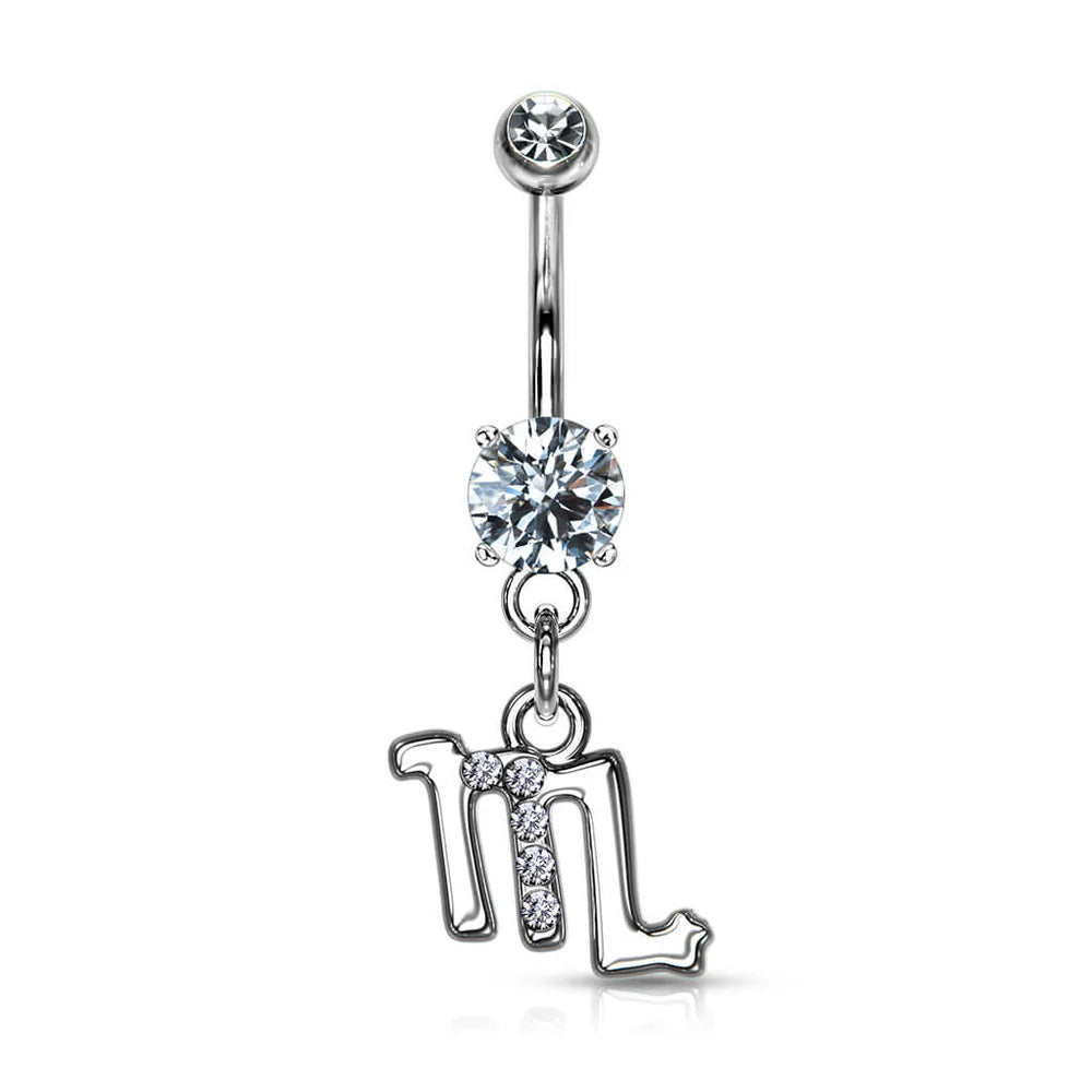 Zodiac Sign Paved CZ Gem Belly Ring Pierced Navel Astrology 14g Surgical Steel