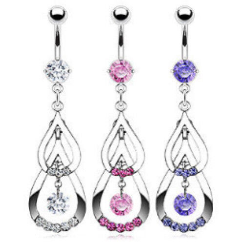Double Teardrop Layers CZ Gem Belly Ring Navel Naval