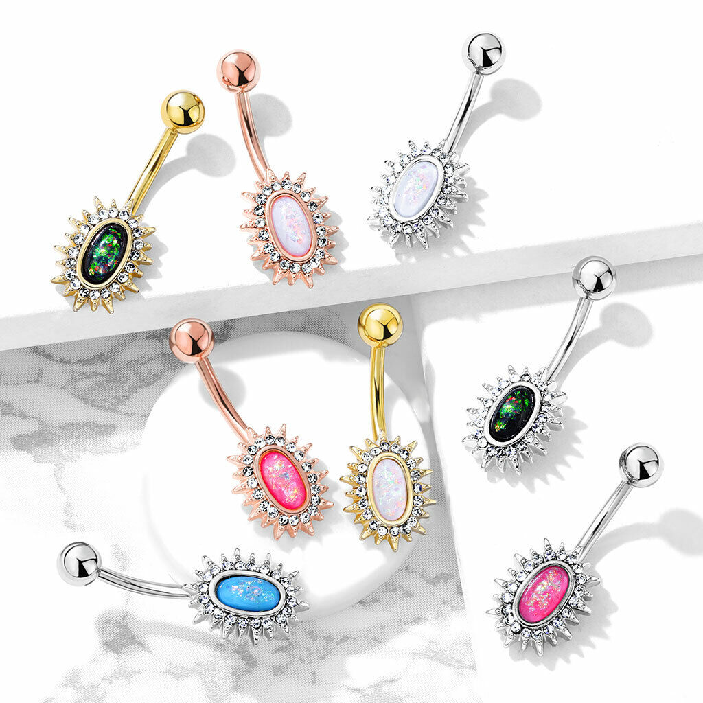 Crystal Paved Oval Sunburst Belly Ring Opal Glitter Center Naval Piercing Navel