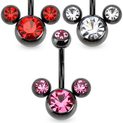 Mouse Triple CZ Gem Ion Plated Belly Ring Pierced Navel Naval Mickey Minnie