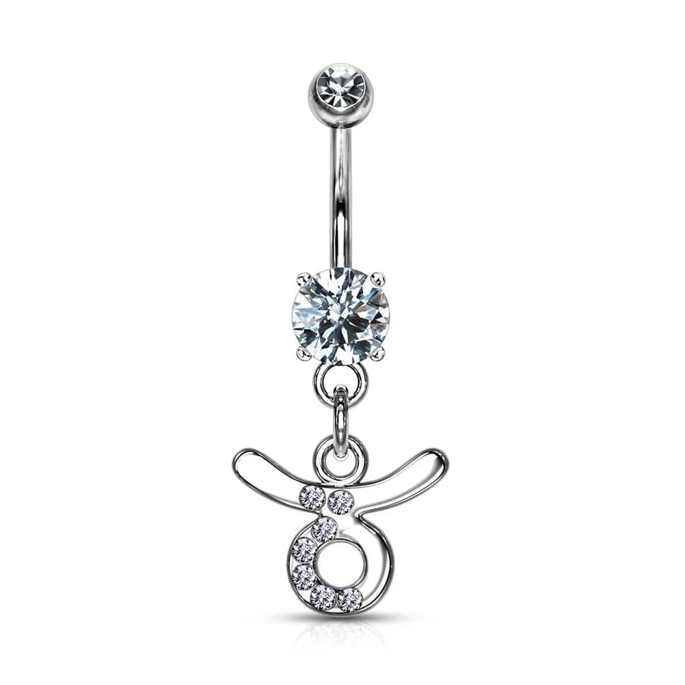 Zodiac Sign Paved CZ Gem Belly Ring Pierced Navel Astrology 14g Surgical Steel