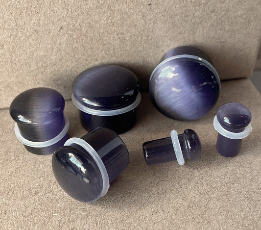 PAIR Violet Cat Eye Stone Plugs Single Flare Tunnels Earlets Gauges Body Jewelry