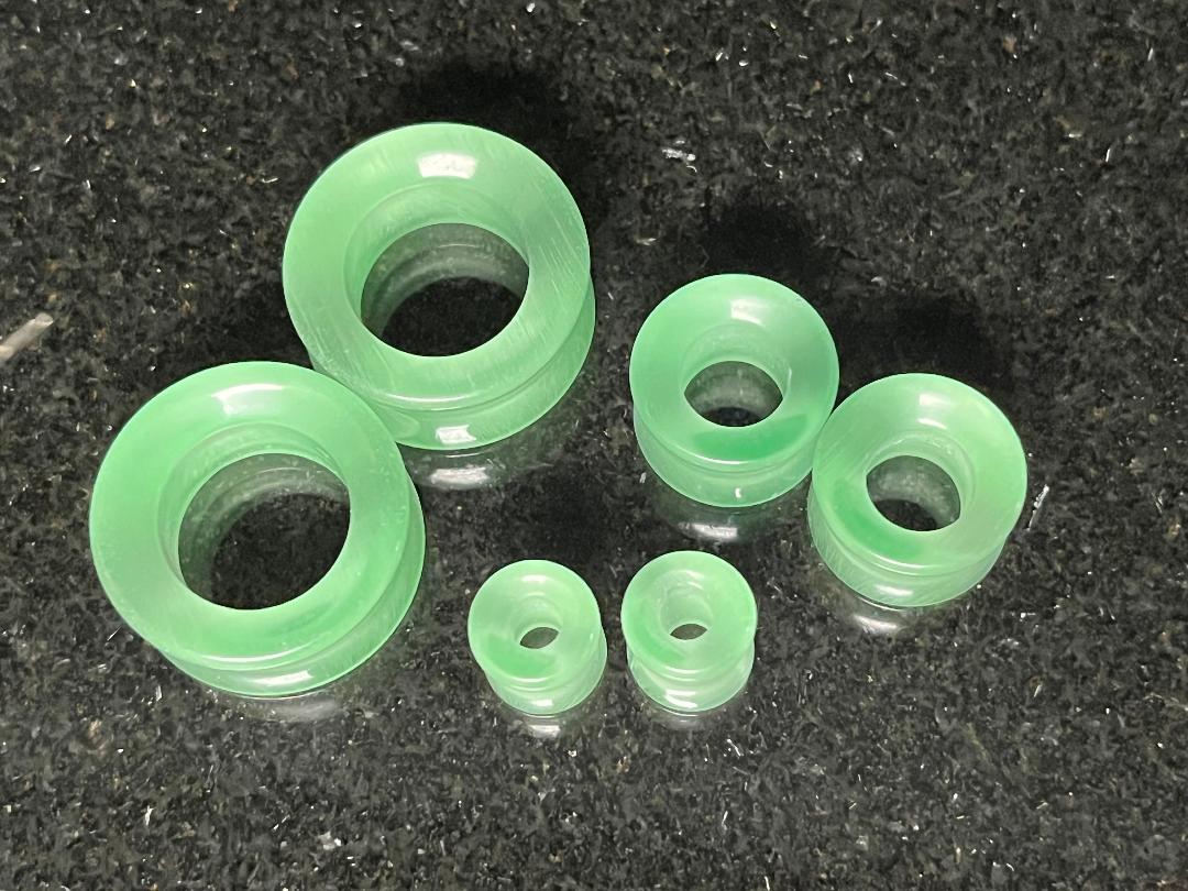 PAIR  Green Cat Eye Stone Double Flare Tunnels Plugs Earlets Gauges Body Jewelry