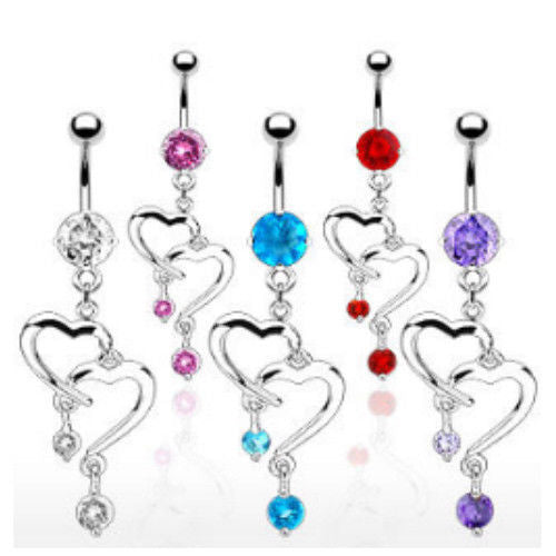 1pc Double Heart CZ Gem Belly Ring Navel Piercing Pierced Naval Body Jewelry