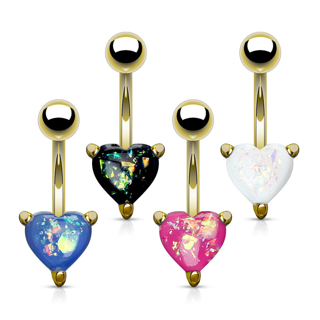 Solitaire Heart Opal Glitter Gem Belly Ring 316L Surgical Steel Navel Naval