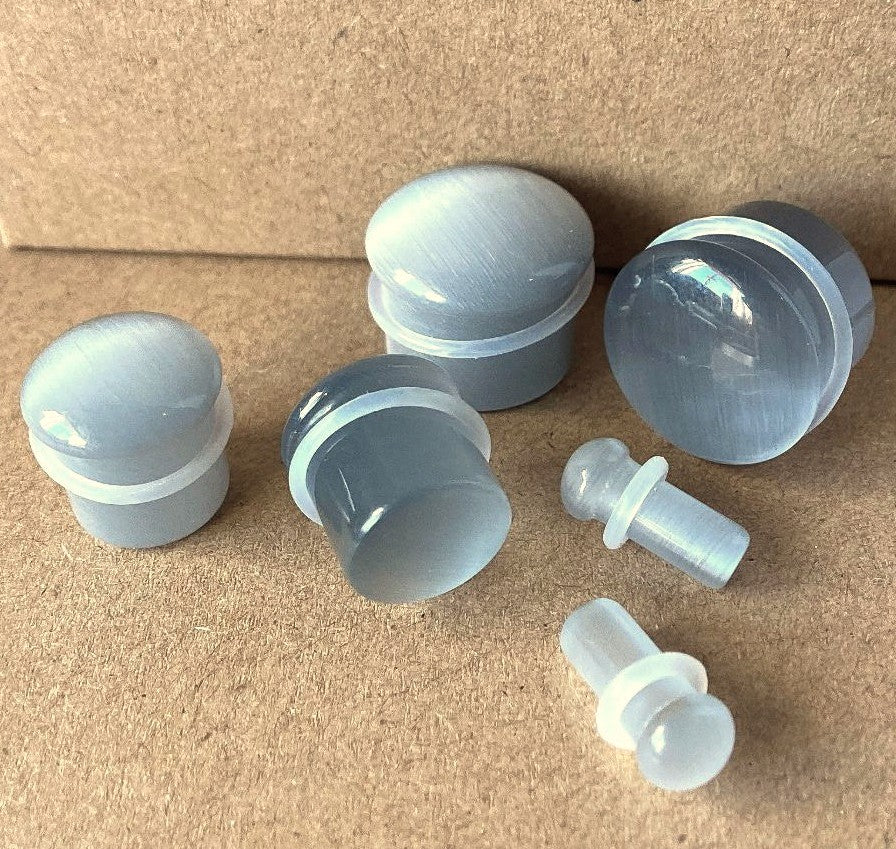 PAIR Gray Cat Eye Stone Plugs Single Flare Tunnels Earlets Gauges Body Jewelry