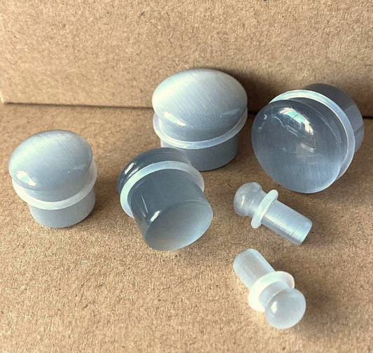 PAIR Gray Cat Eye Stone Plugs Single Flare Tunnels Earlets Gauges Body Jewelry