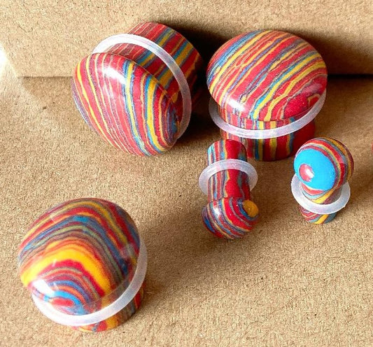 PAIR Primary Colors Tie Dye Malachite Single Flare Stone Plugs Tye Dyed Gauges