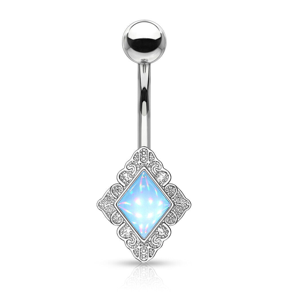 Diamond-Shaped Filigree Edge Illuminating Stone Belly Ring Naval Piercing Navel