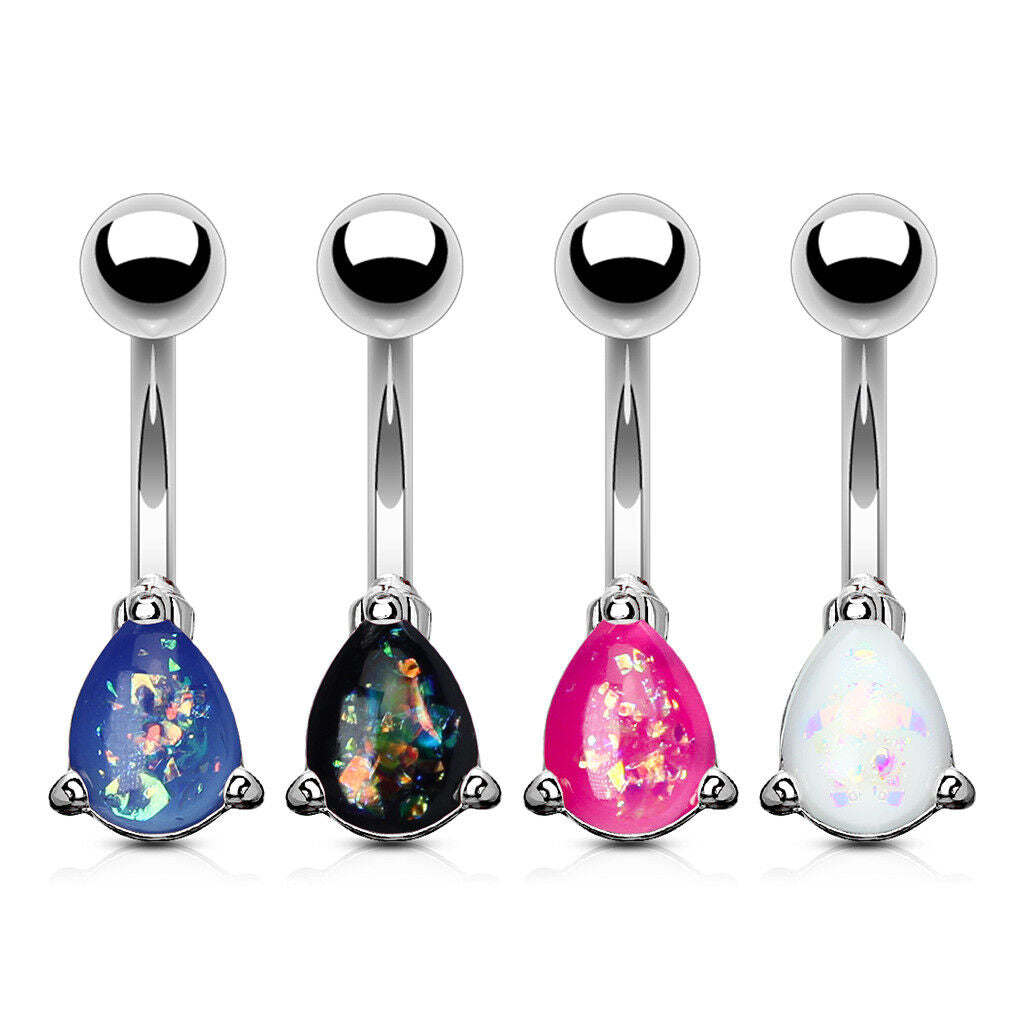 Solitaire Tear Drop Opal Glitter Gem Belly Ring 316L Surgical Steel Navel Naval
