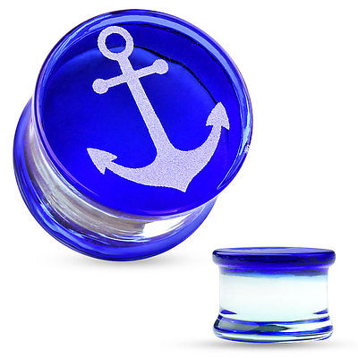 PAIR Anchor Engraved Blue Pyrex Glass Double Flare Plugs