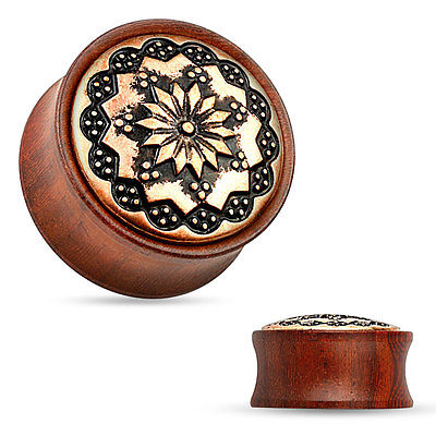 PAIR Floral Tribal Pattern Rose Wood Organic Saddle Plugs