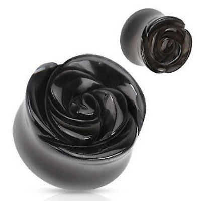 PAIR Carved Black Agate Stone Rose Flower Double Flare Plugs