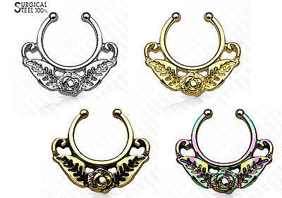 1pc 100% SURGICAL STEEL Non-Piercing Septum Hanger Rose w/ Leaves