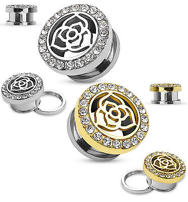 PAIR Gold or Steel Crystal Paved Rim with Rose Top Tunnels Plugs