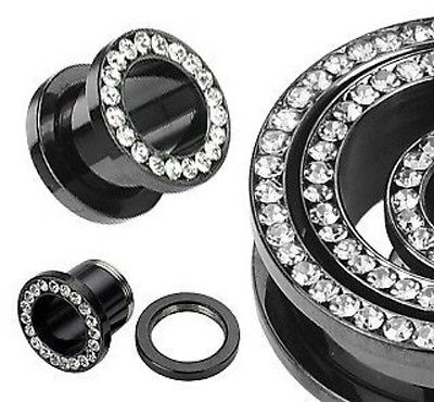 PAIR Black PVD Gem Rim Screw Fit Tunnels