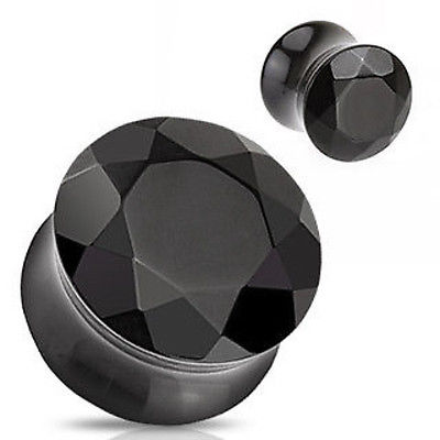 PAIR Faceted Black Agate Stone Plugs