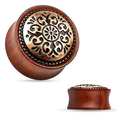 PAIR Antique Tribal Pattern Organic Rose Wood Plugs