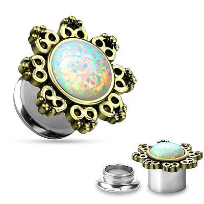 PAIR Internally Threaded Double Flare Lotus Flower w/ Opal Plugs