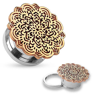 PAIR Rose Gold Tribal Flower Screw Fit Tunnels Plugs