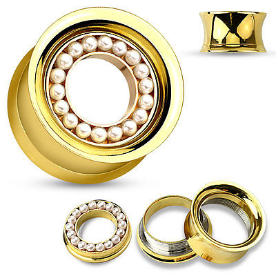 PAIR Gold Internally Threaded Tunnels w/Pearl Paved Removable Disc