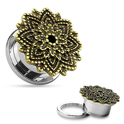 PAIR Manish Lotus Flower Top Steel Screw Fit Tunnels Plugs