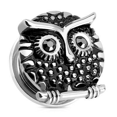 PAIR Owl w/Black Gem Eyes Steel Screw Fit Tunnels Plugs