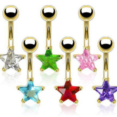 6pcs Gold Plated Star Solitaire 14g Belly Rings Navel