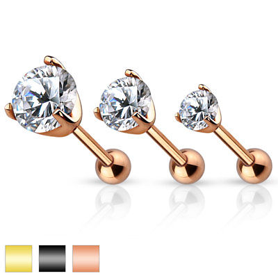 3pc Set of CZ Gem Ion Plated Tragus Helix Cartilage Ring Stud Earring 16g 1/4"