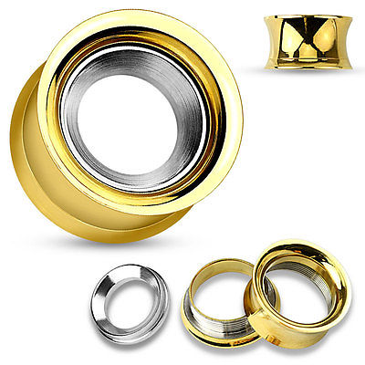 PAIR Gold Internally Threaded Tunnels w/ Removable Steel Disc